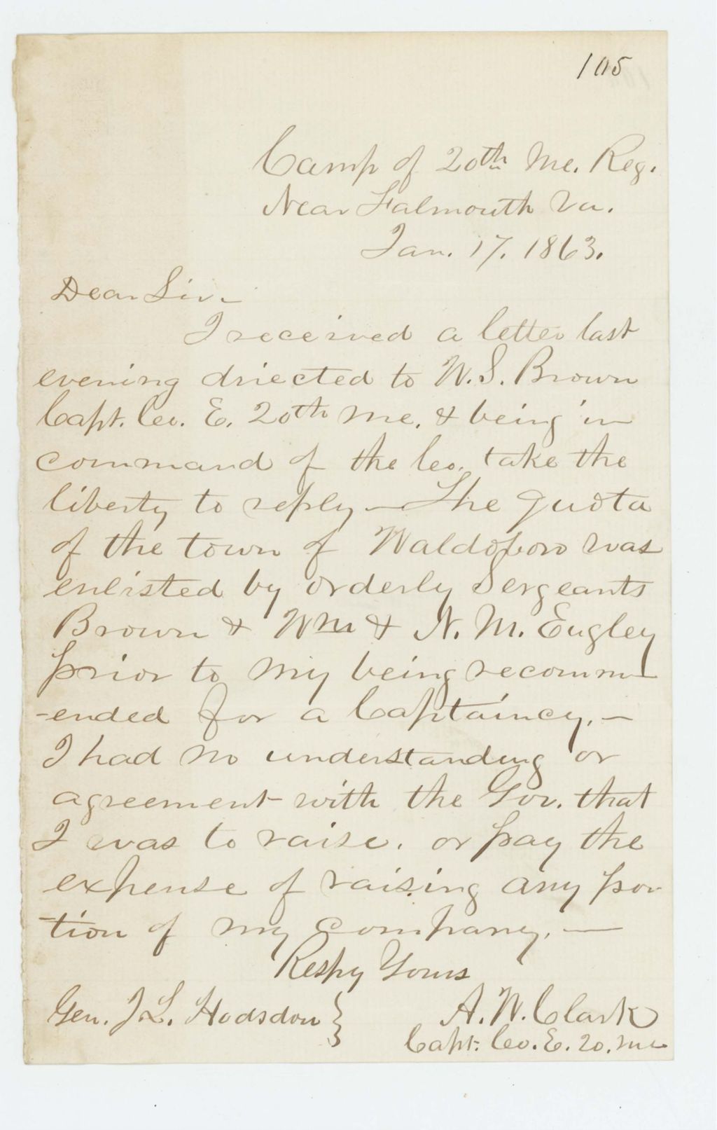 Miniature of Captain Clark writes Adjutant General Hodsdon