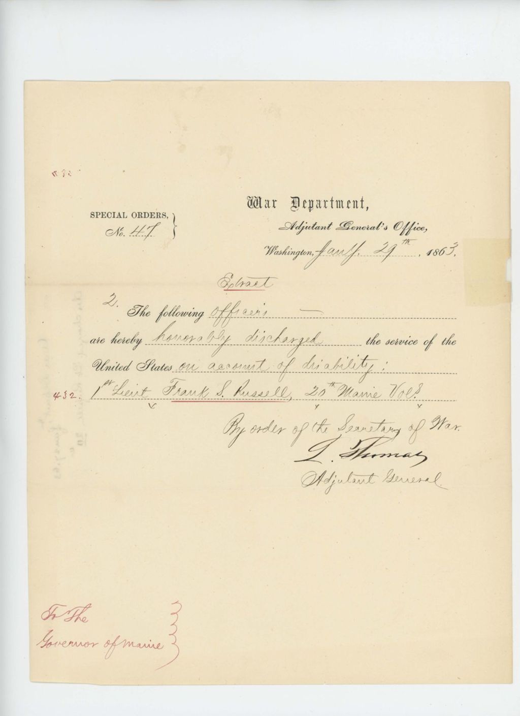 Miniature of Special Order #47 regarding honorable discharge of Lieutenant Frank S. Russell for disability