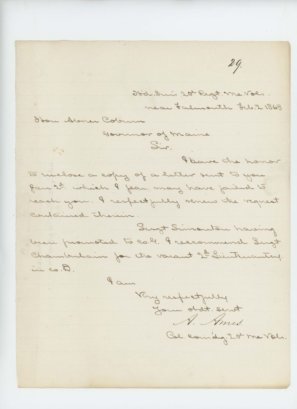 Miniature of Colonel Adelbert Ames recommends Sergeant Chamberlain for promotion to 2nd Lieutenant