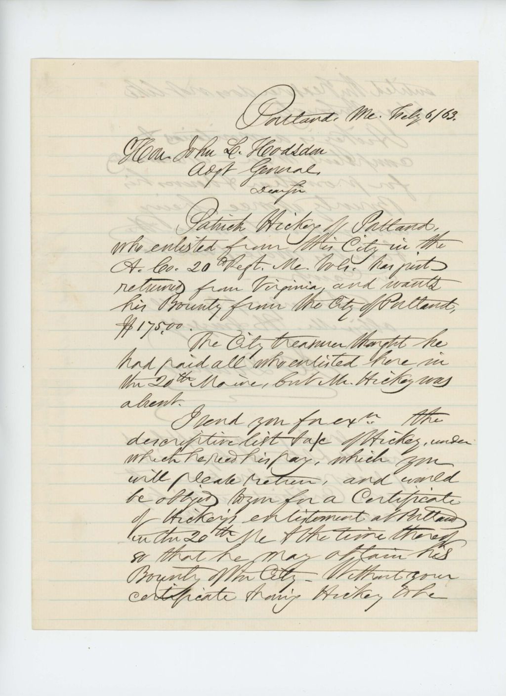 Miniature of J. Donnell requests bounty payment for Patrick Hickey of Portland