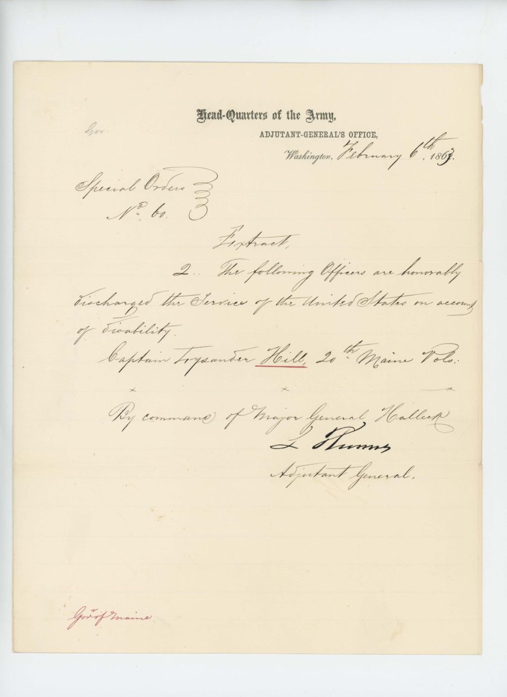 Miniature of Special Order 60 regarding honorable discharge of Captain Lysander Hill