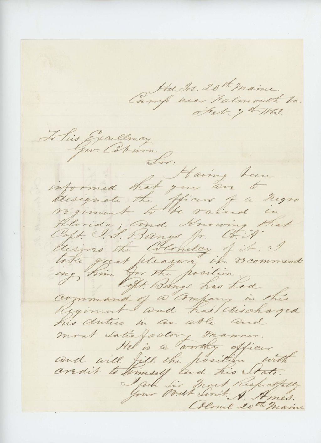 Miniature of Colonel Adelbert Ames recommends Captain Bangs for promotion as colonel
