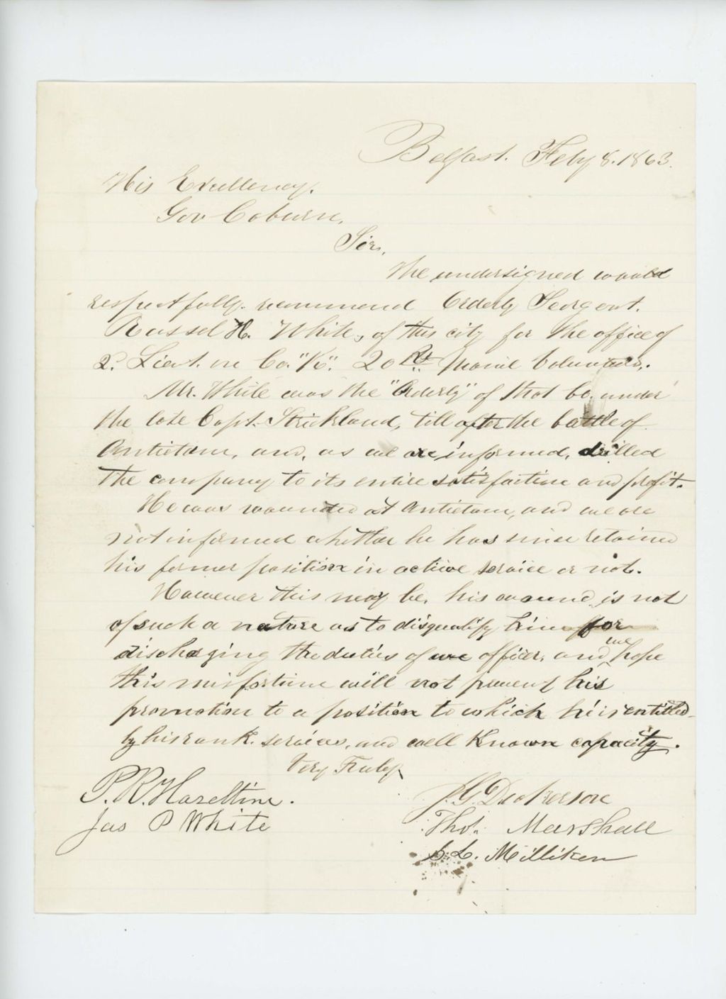 Miniature of P.R. Hazeltine and others recommend Orderly Sergeant Russel H. White for promotion to 2nd Lieutenant