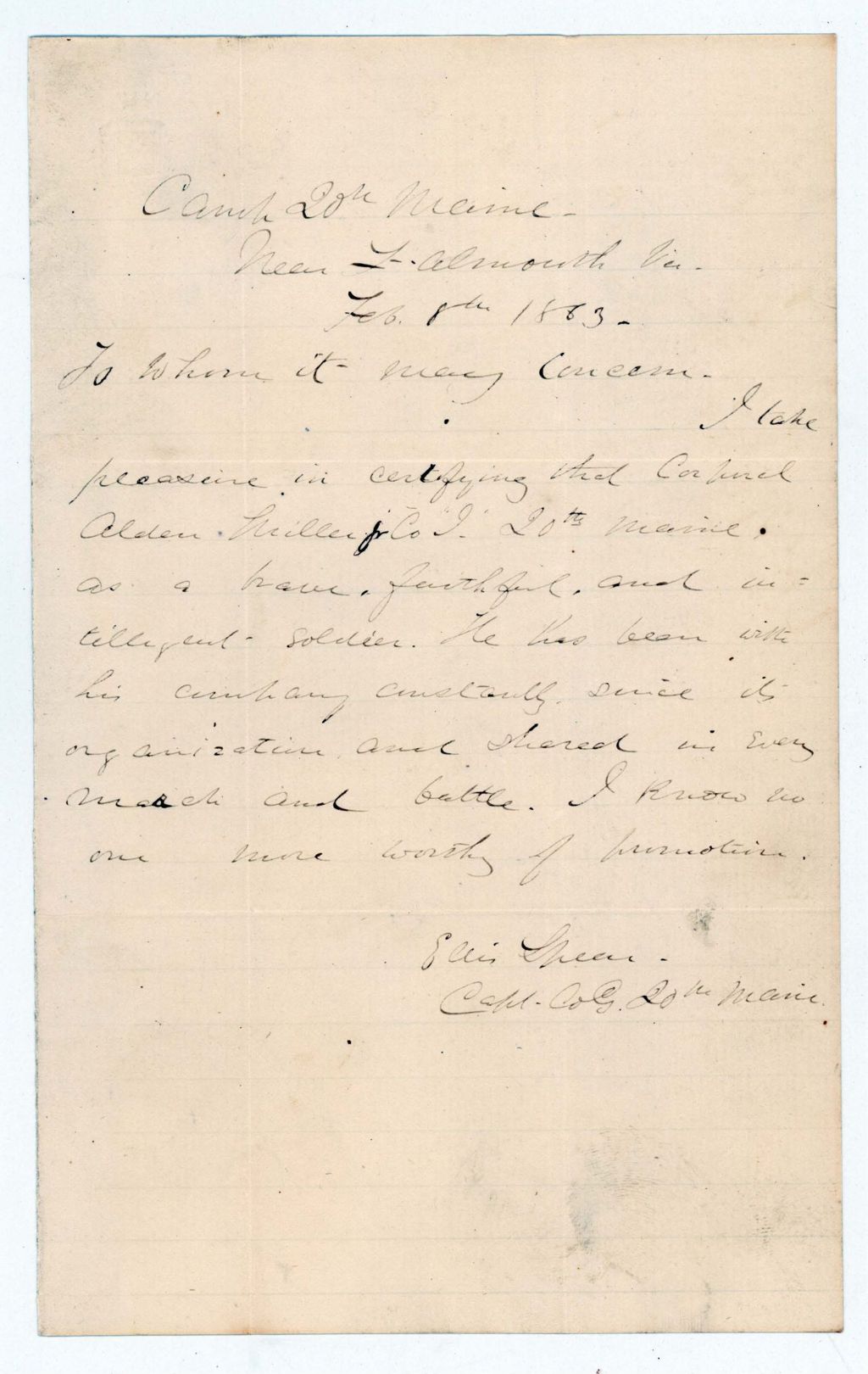 Miniature of Captain Ellis Spear recommends Corporal Alden Miller for promotion