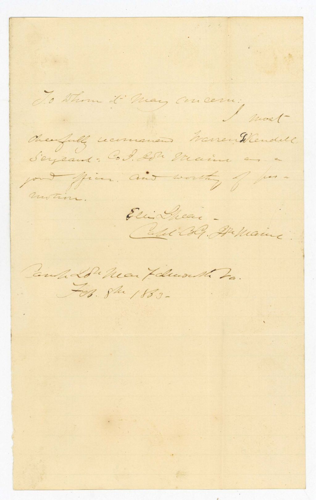Miniature of Ellis Spear recommends Sergeant Warren Kendall for promotion