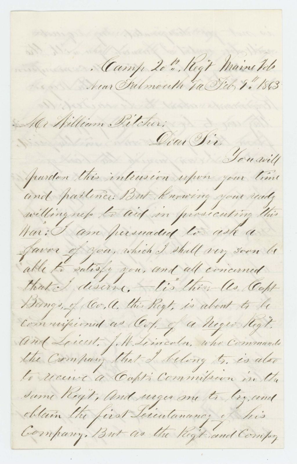 Miniature of 5th Sergeant Warren L. Kendall requests commission in the USCT