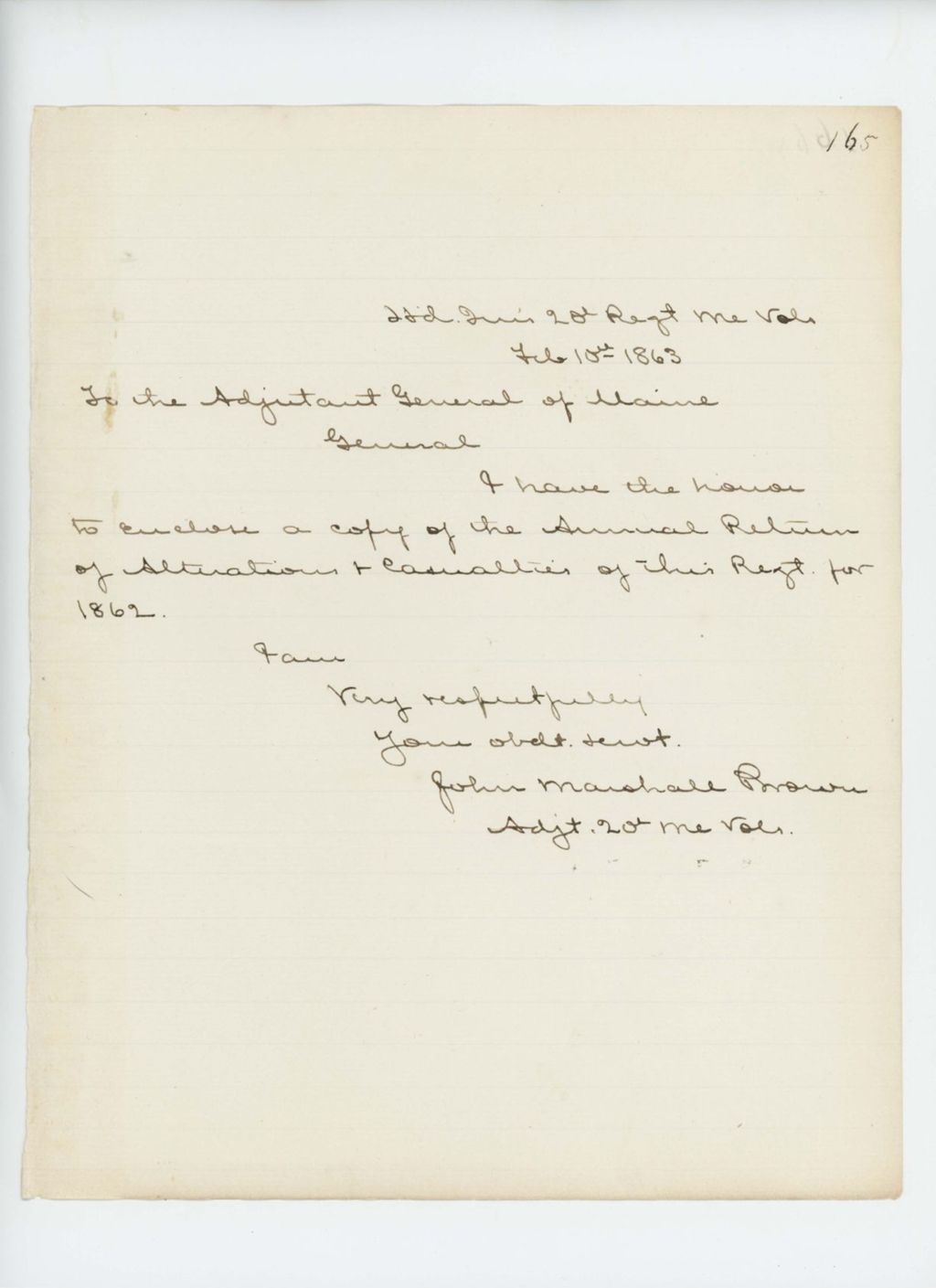 Miniature of Adjutant John Marshall Brown sends copy of the 1862 Annual Return of Alterations & Casualties