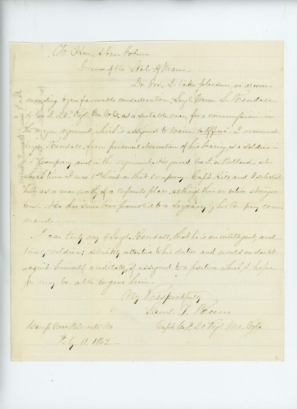Miniature of Captain Samuel Keene recommends Sergeant Warren Kendall for promotion