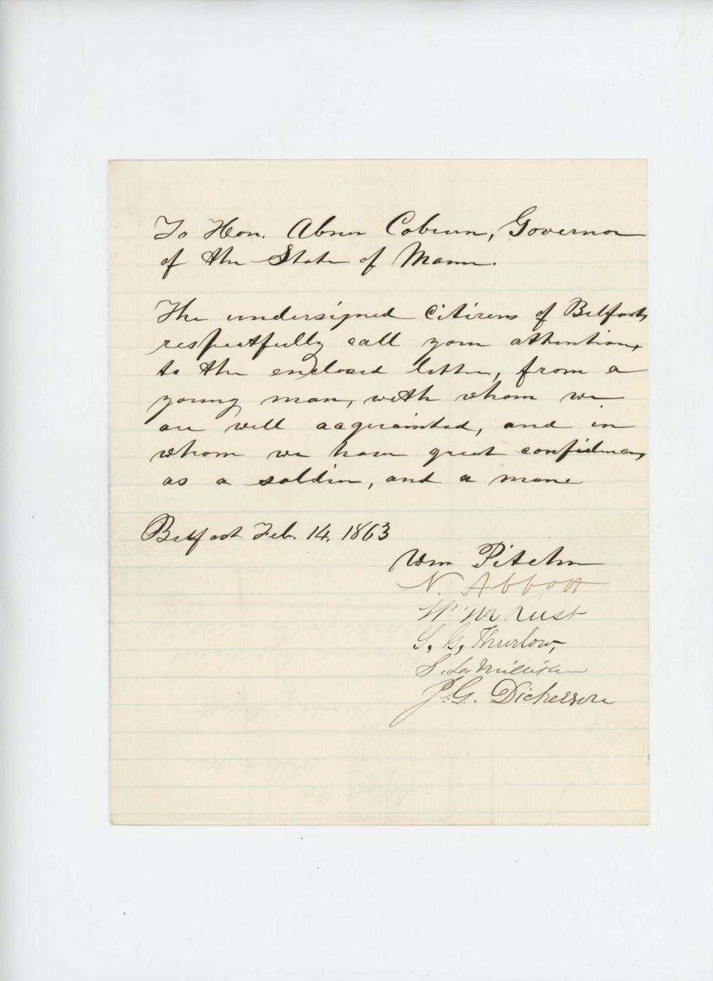 Miniature of William Pitcher and other citizens of Belfast recommend Sergeant Kendall for commission in the USCT