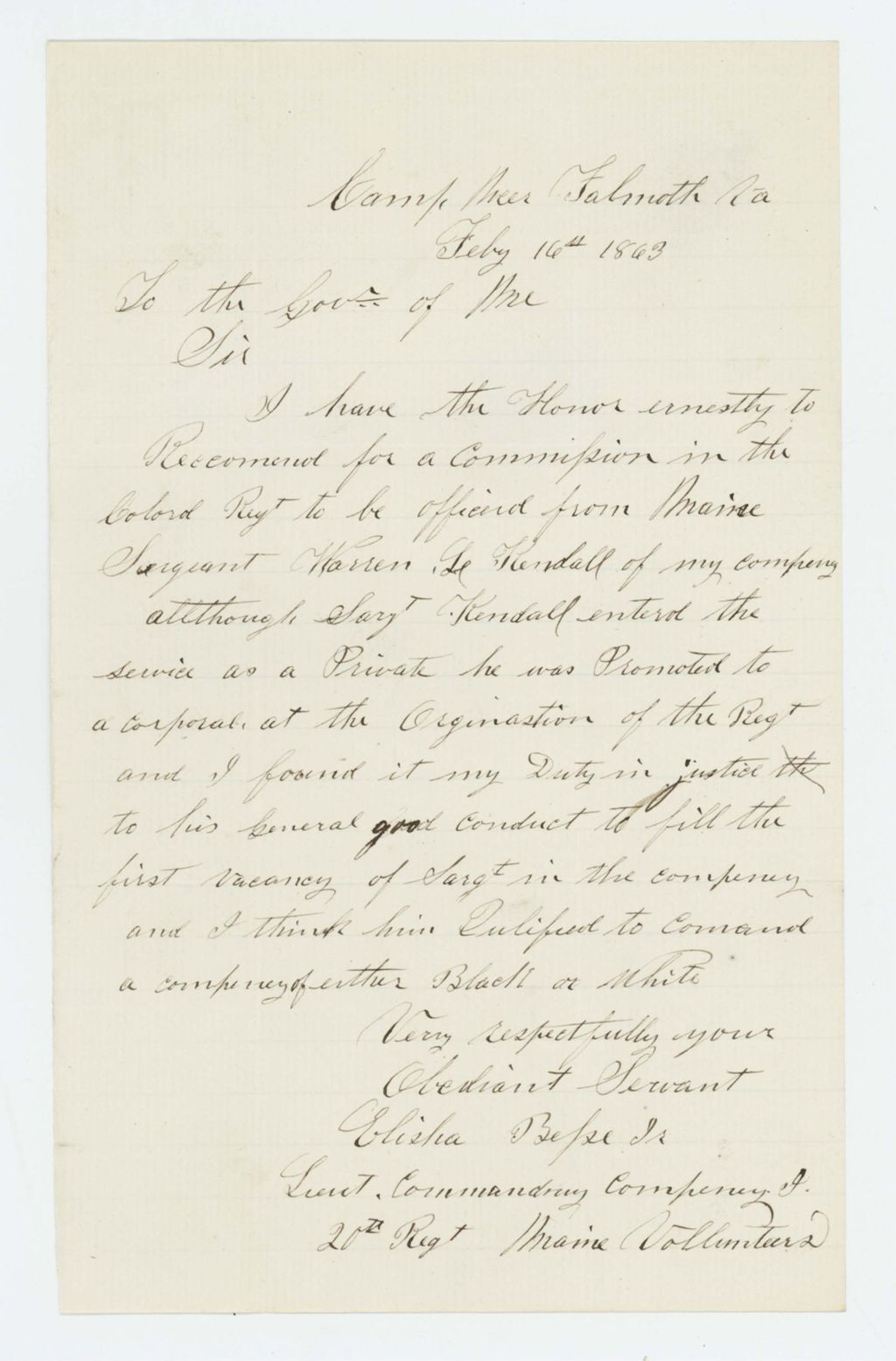Miniature of Lieutenant Elisha Besse, Jr. recommends Sergeant Warren Kendall for promotion