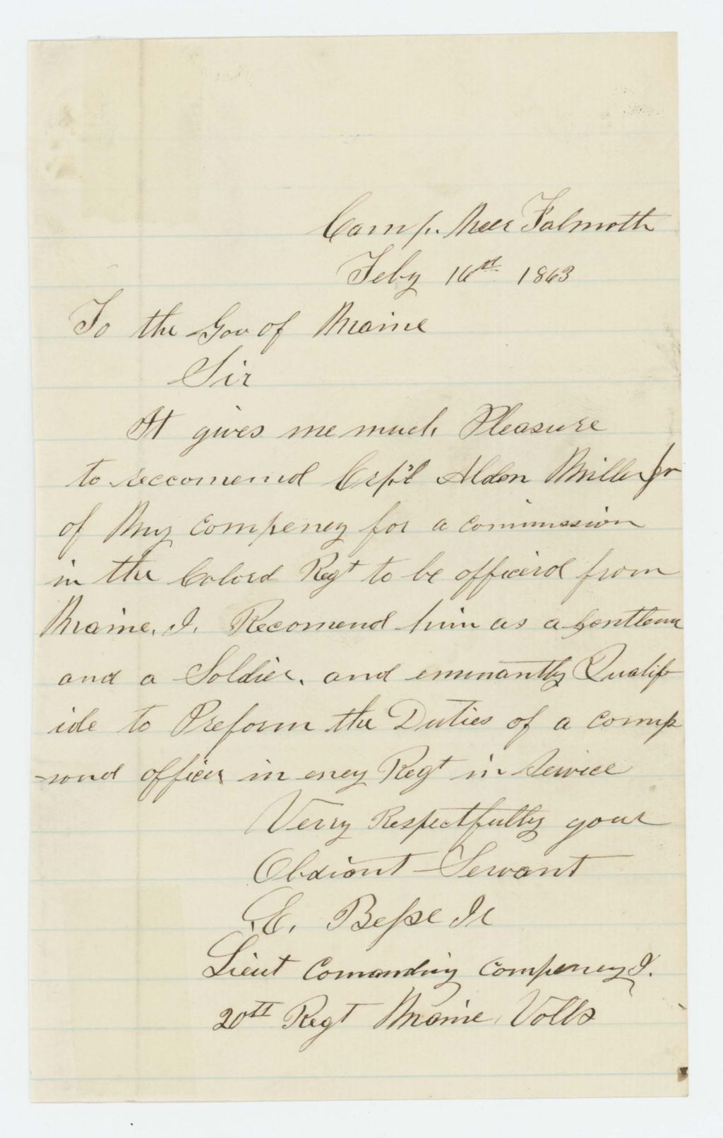 Miniature of Lieutenant Elisha Besse, Jr. recommends Captain Alden Miller for promotion