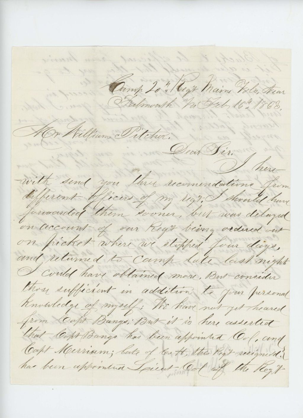 Miniature of Warren L. Kendall writes William Pitcher, Esq. and forwards his personal recommendations