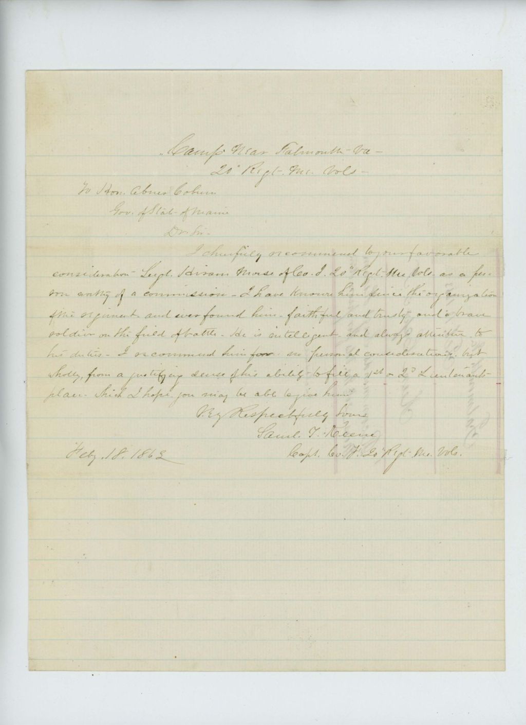 Miniature of Captain Samuel Keene recommends Sergeant Hiram Morse for commission