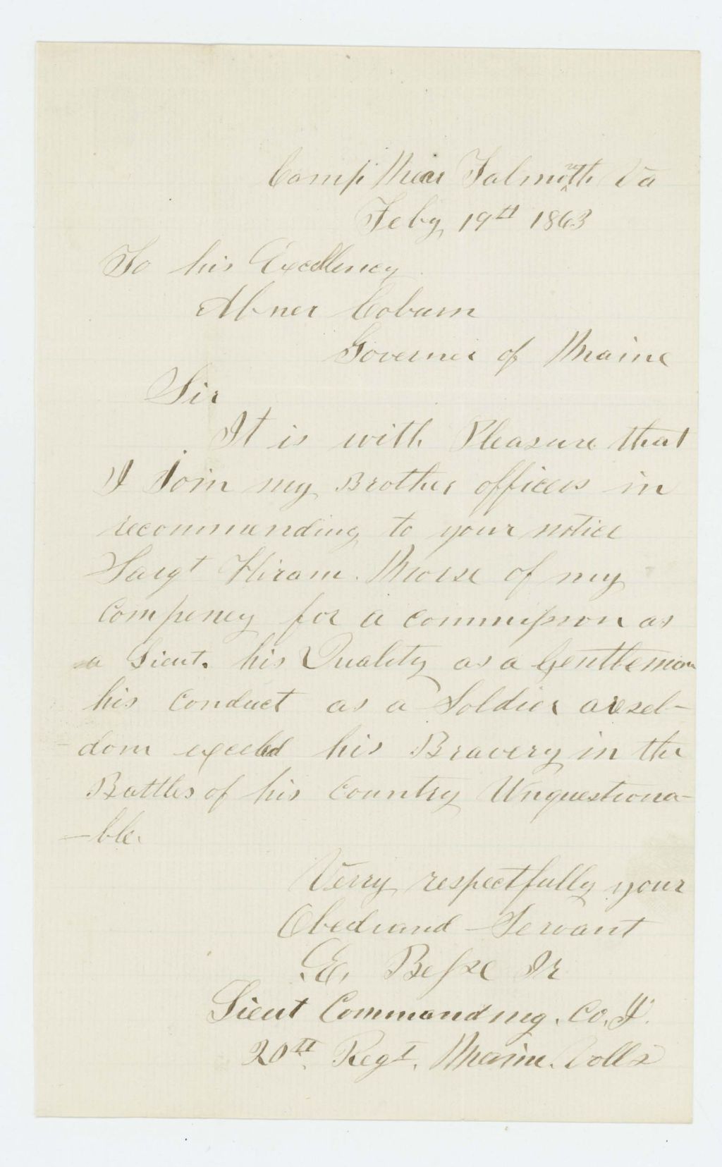 Miniature of Lieutenant Elisha Besse, Jr. recommends Sergeant Hiram Morse for promotion to lieutenant