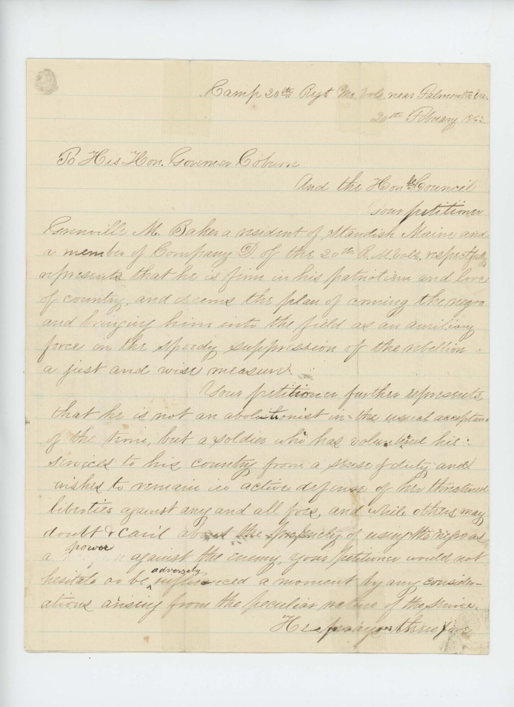 Miniature of Grenville Baker requests a captain's commission in the USCT