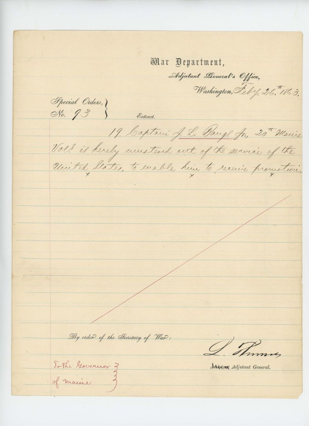 Miniature of Special Order 93 mustering out Captain J.L. Bangs, Jr. so he can receive promotion