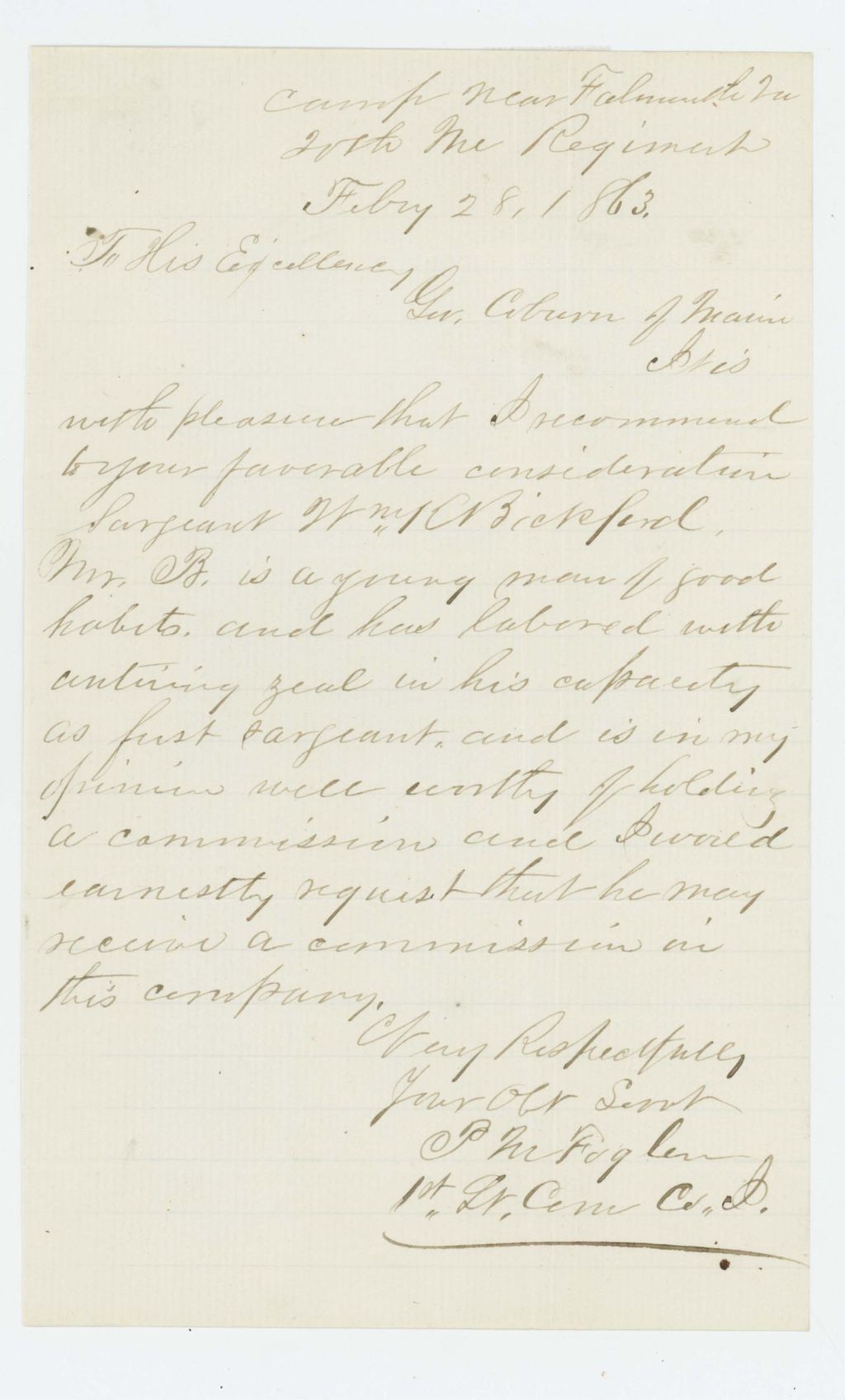 Miniature of 1st Lieutenant Prentiss M. Fogler recommends Sergeant William Bickford for promotion