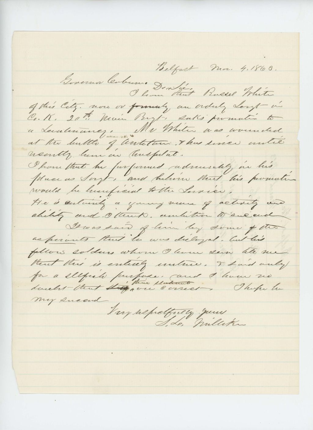 Miniature of S.L. Milliken recommends Sergeant White for promotion