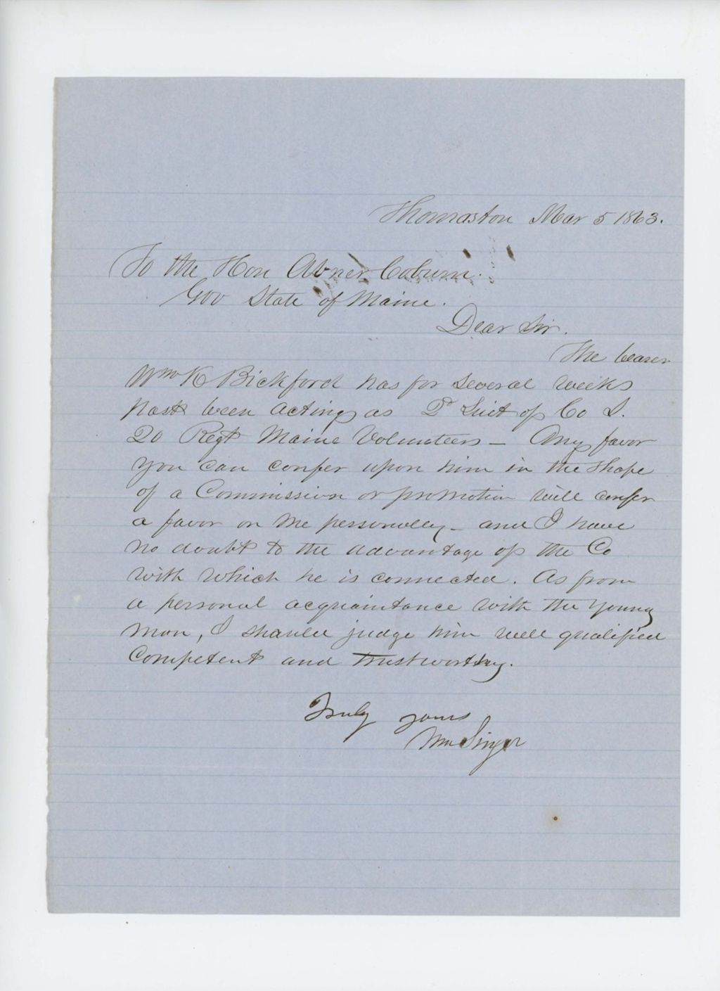 Miniature of William Singer recommends William K. Bickford for promotion