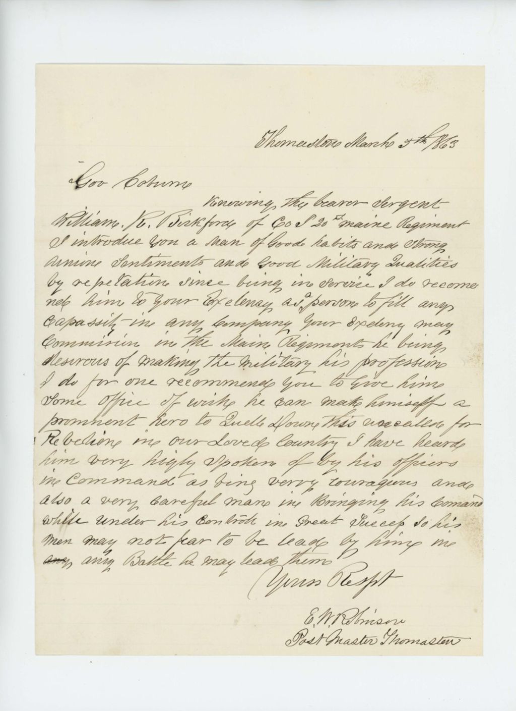 Miniature of E.W. Robinson, Thomaston postmaster, recommends William K. Bickford for promotion