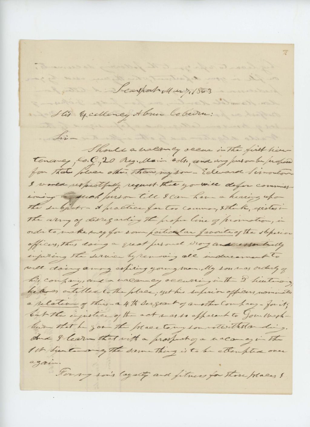 Miniature of P. Simonton recommends his son Edward Simonton for a promotion