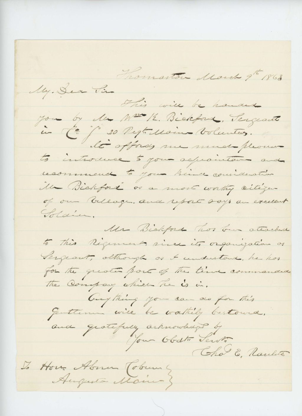 Miniature of Charles E. [?] recommends William Bickford for promotion