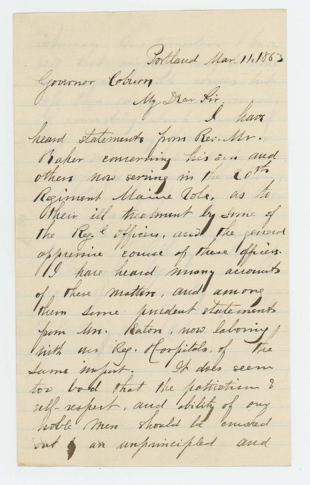 Miniature of George W. Bosworth writes Governor Coburn regarding reports of mistreatment of soldiers by the Quartermaster
