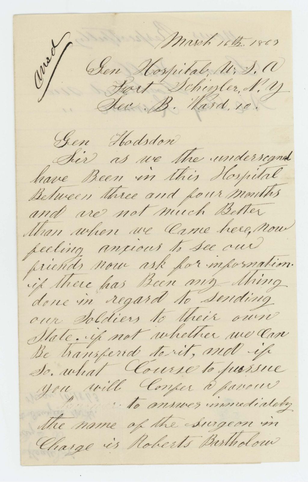 Miniature of Lorenzo Hall and A. Pray request transfer from the General Hospital to Maine