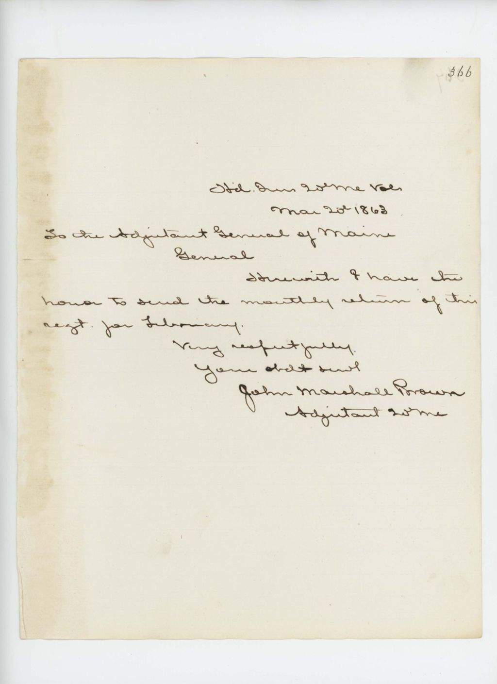 Miniature of John Marshall Brown sends the February monthly return