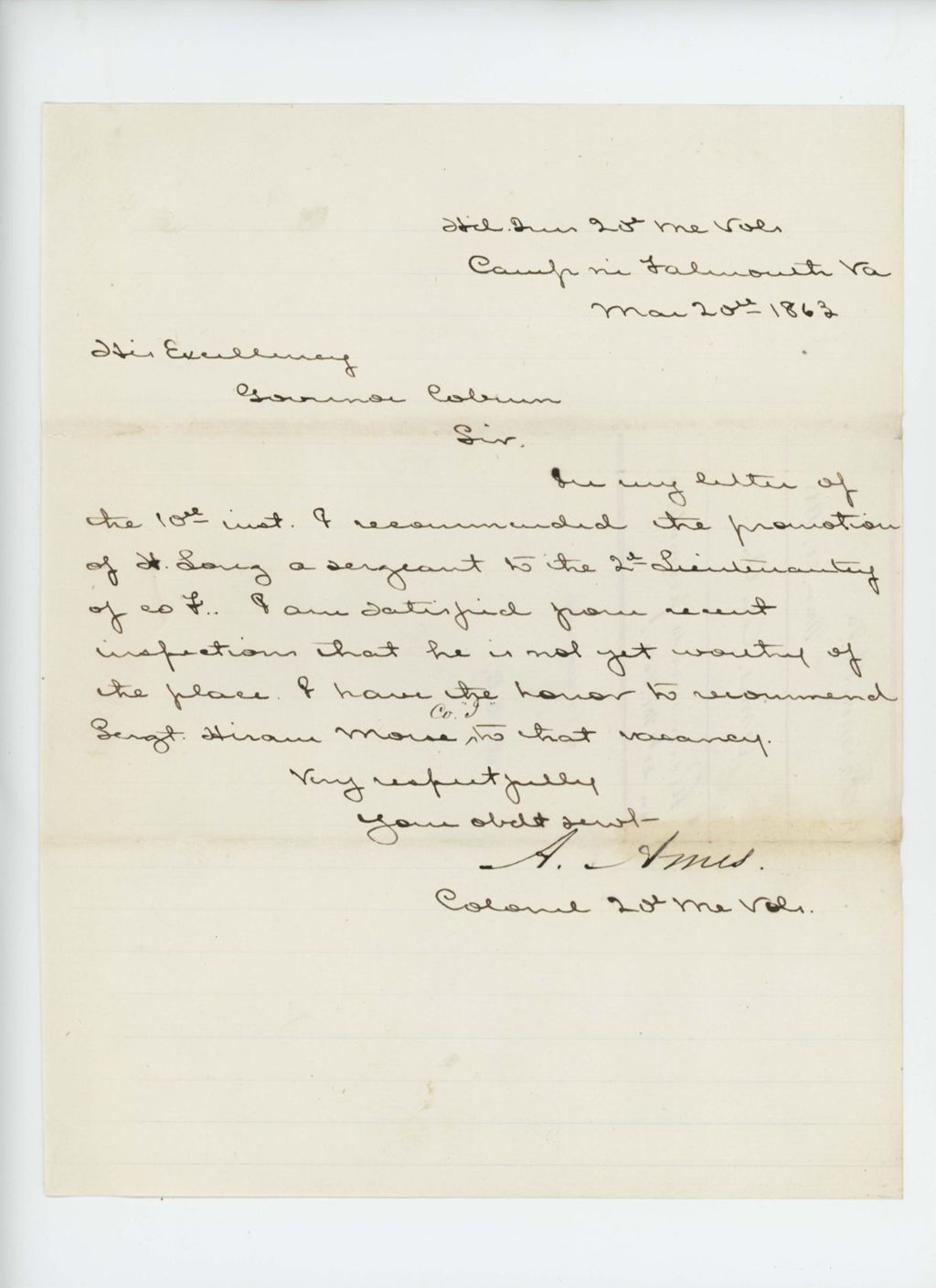 Miniature of Colonel Ames retracts his recommendation of Sergeant Long and recommends Sergeant Hiram Morse instead