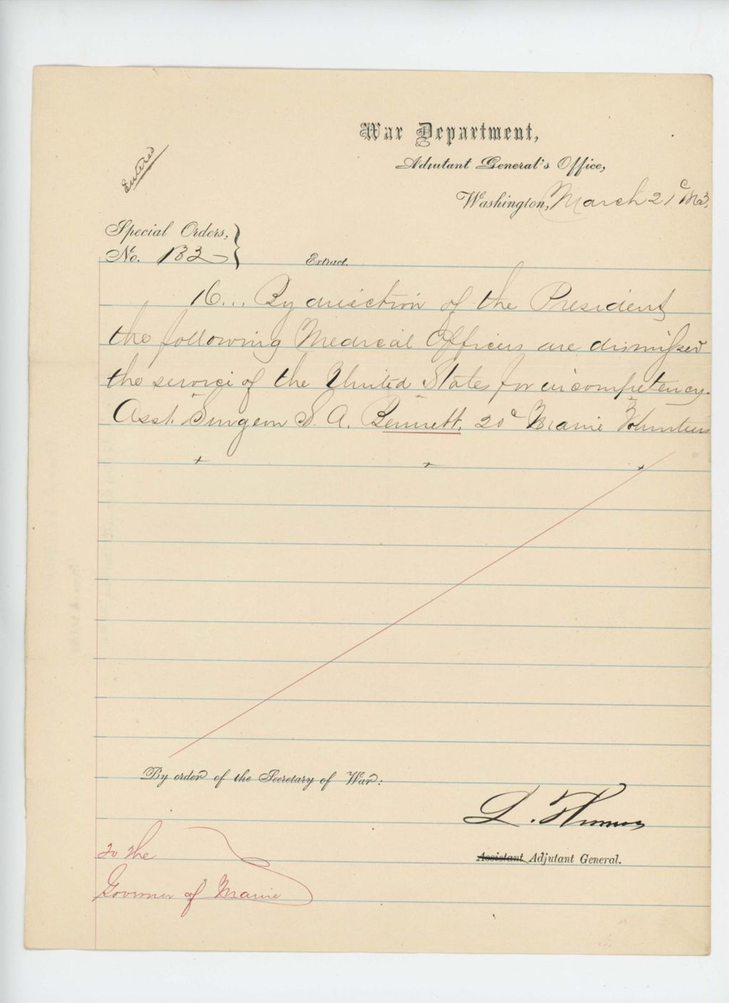 Miniature of Special Order 133 regarding dismissal of Assistant Surgeon S.A. Bennett for incompentence, by order of President Lincoln