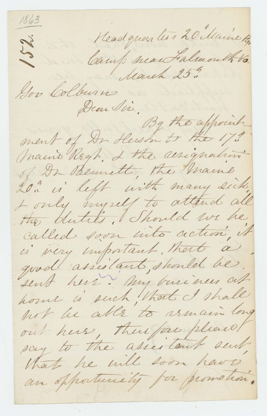 Miniature of Surgeon N.P. Monroe requests an assistant surgeon due to the number of sick soldiers