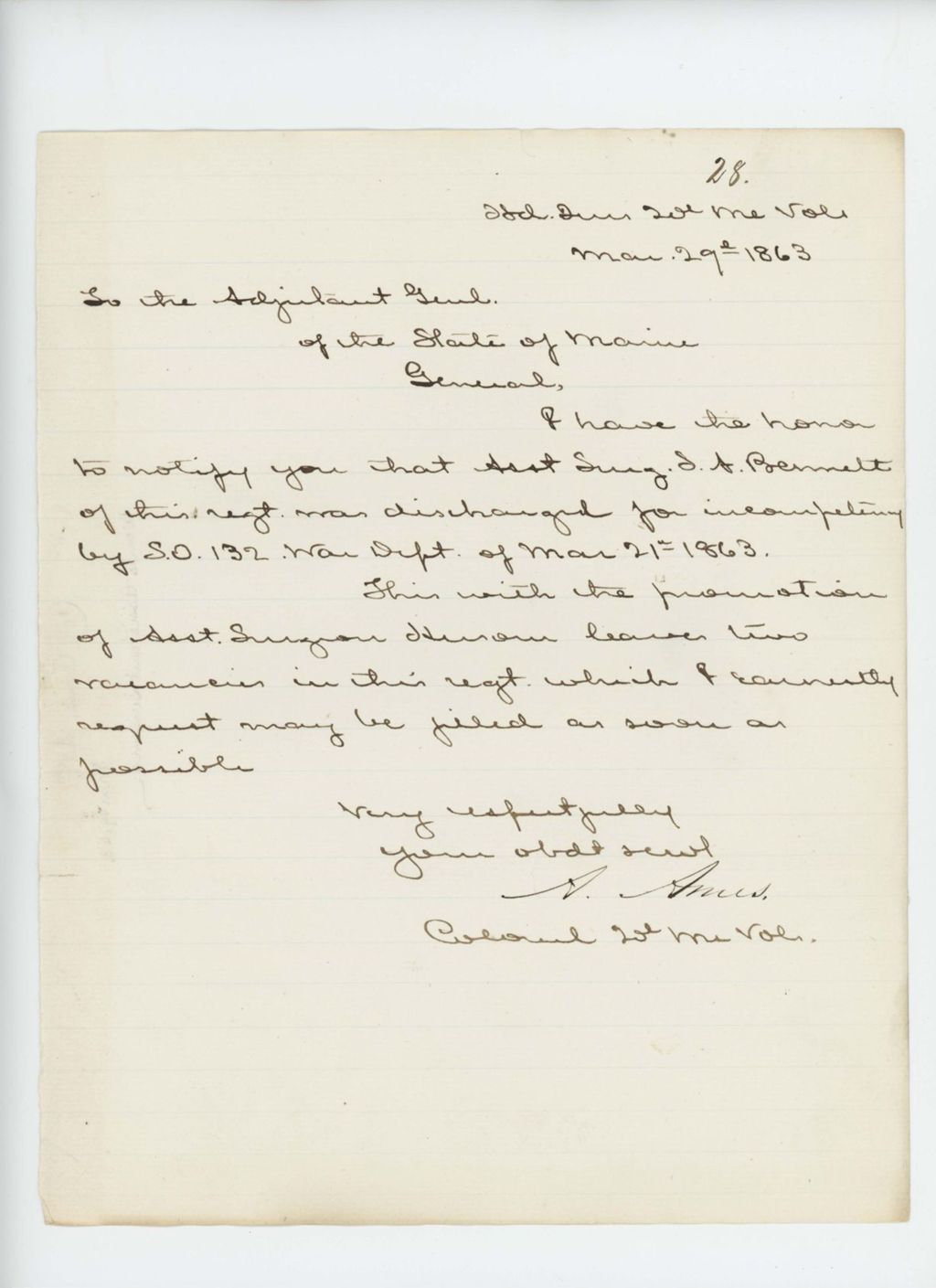 Miniature of Colonel Ames notifies Adjutant General Hodsdon of the dismissal of Surgeon S. Bennett for incompetence