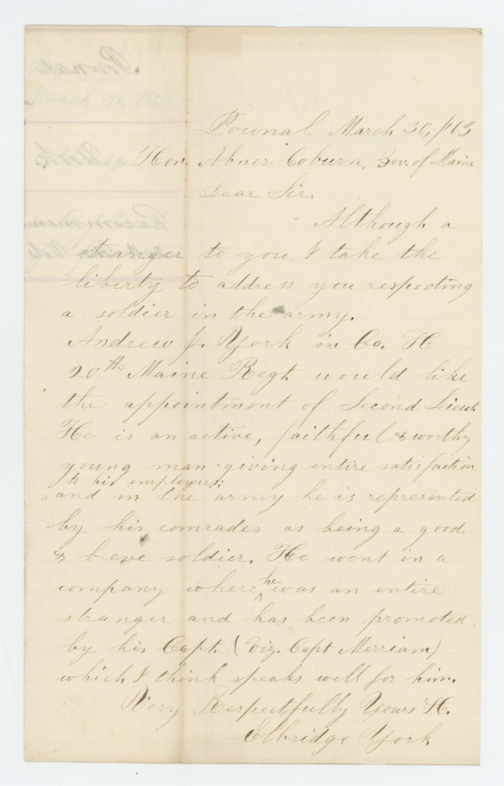 Miniature of Elbridge York recommends Andrew J. York for promotion