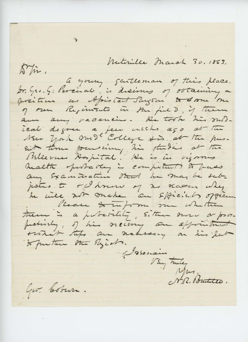 Miniature of N.R. Bartlett recommends Dr. George G. Perceval for surgeon