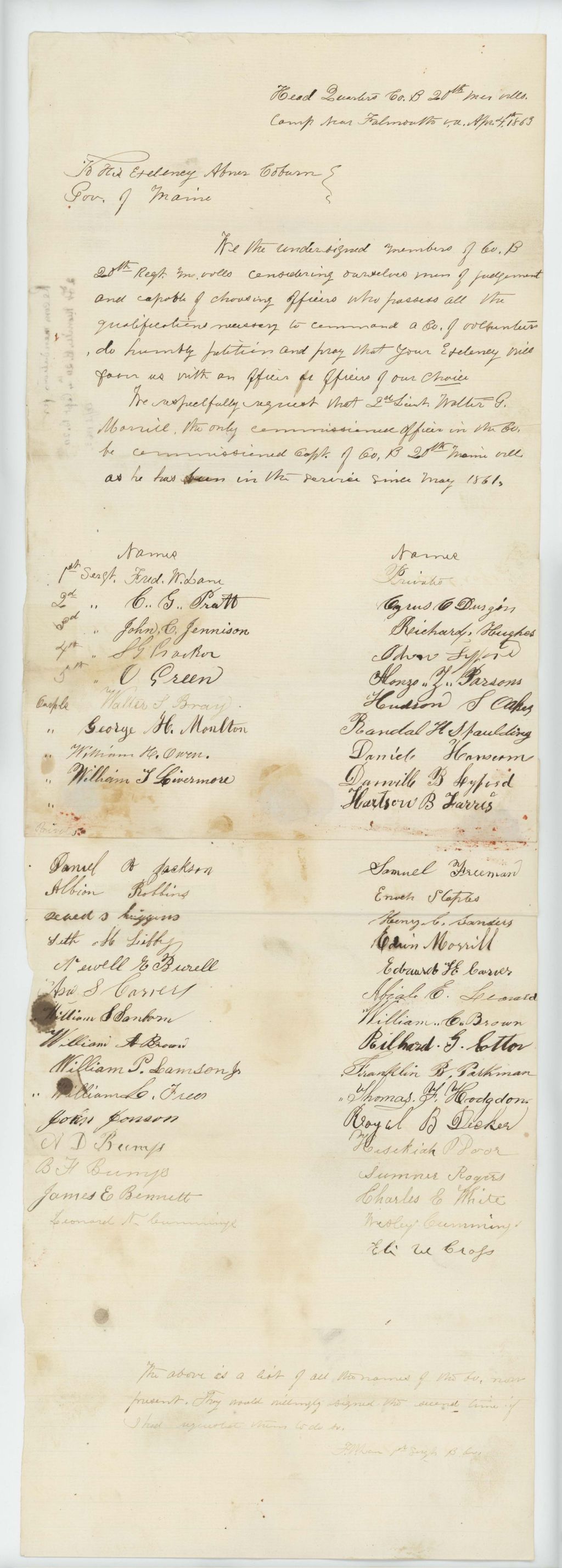 Miniature of John Jennison and other members of Company B request Walter G. Morill be promoted to captain