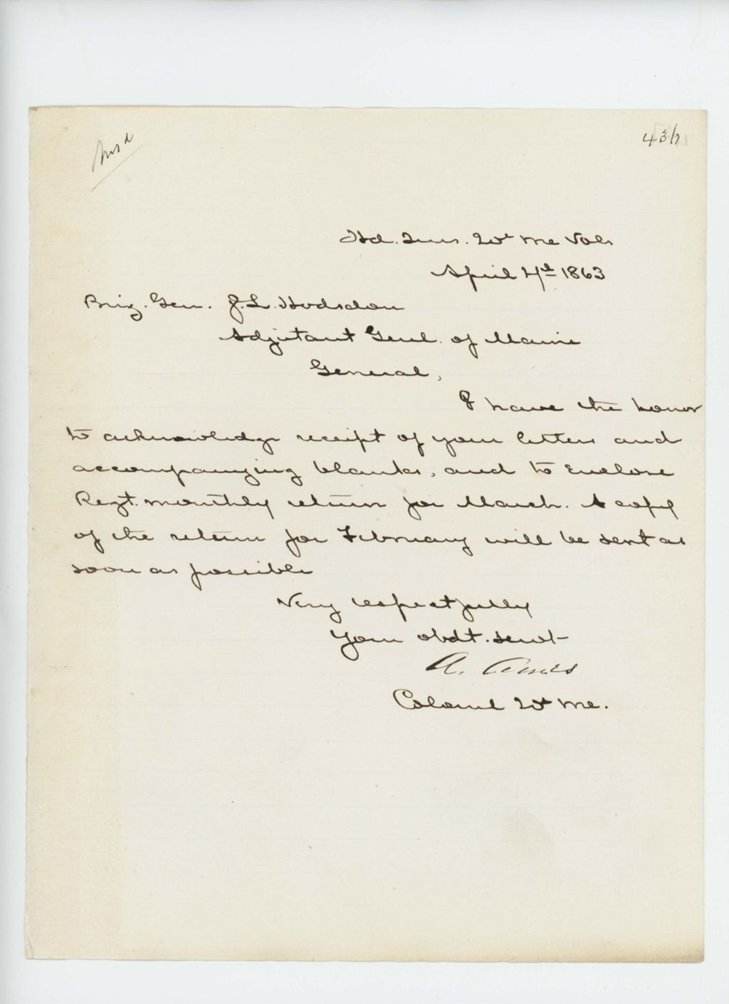 Miniature of Colonel Ames acknowledges receipt of letter and will forward monthly return