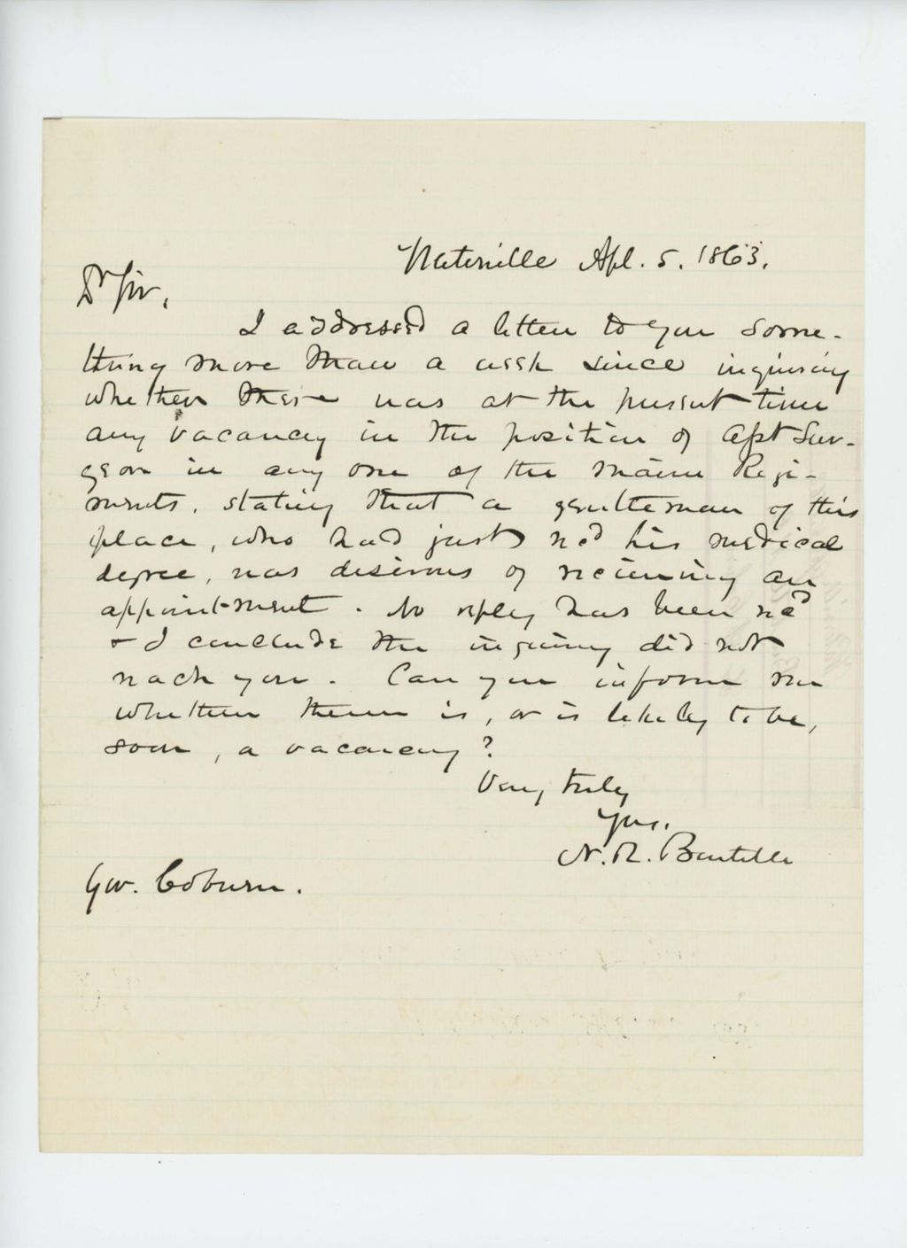 Miniature of N.R. Burtelle inquires about assistant surgeon position