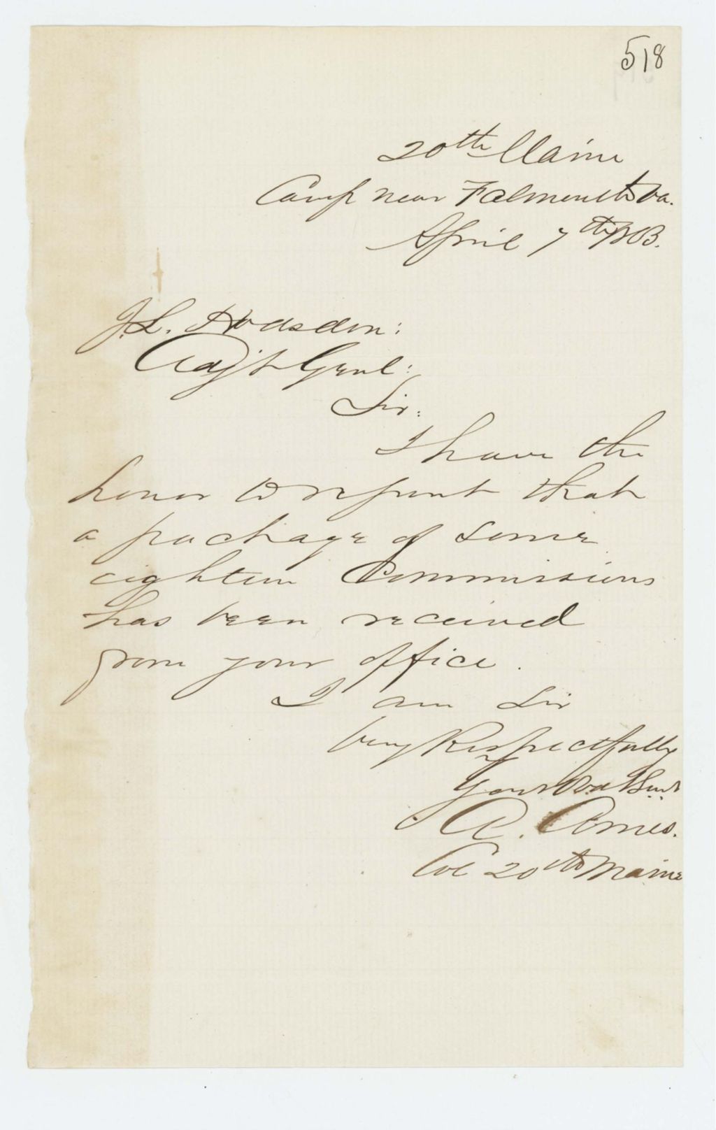 Miniature of Colonel Ames reports that 18 commissions have been received