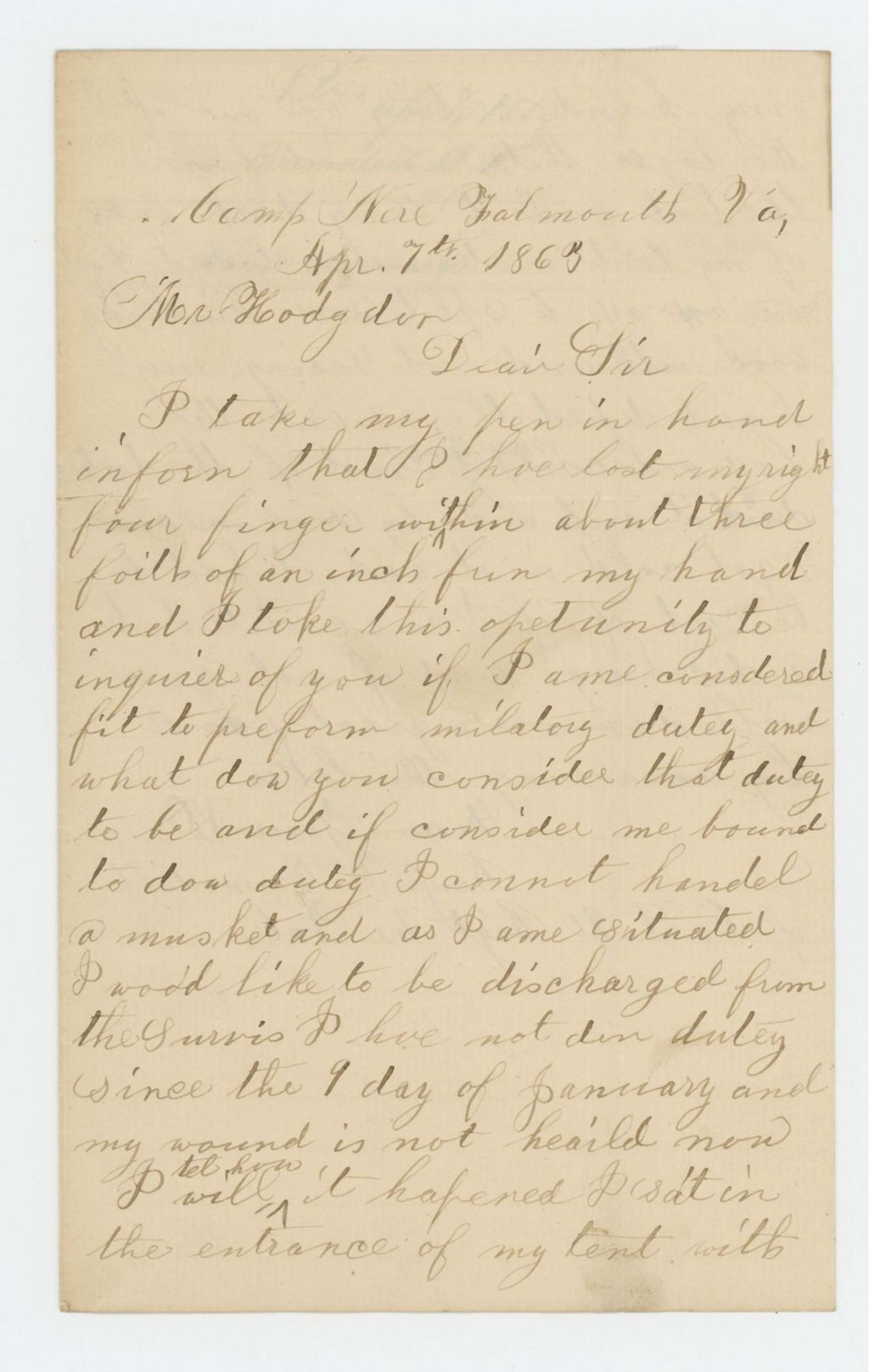 Miniature of Benjamin F. Ramsdell requests a discharge due to loss of finger