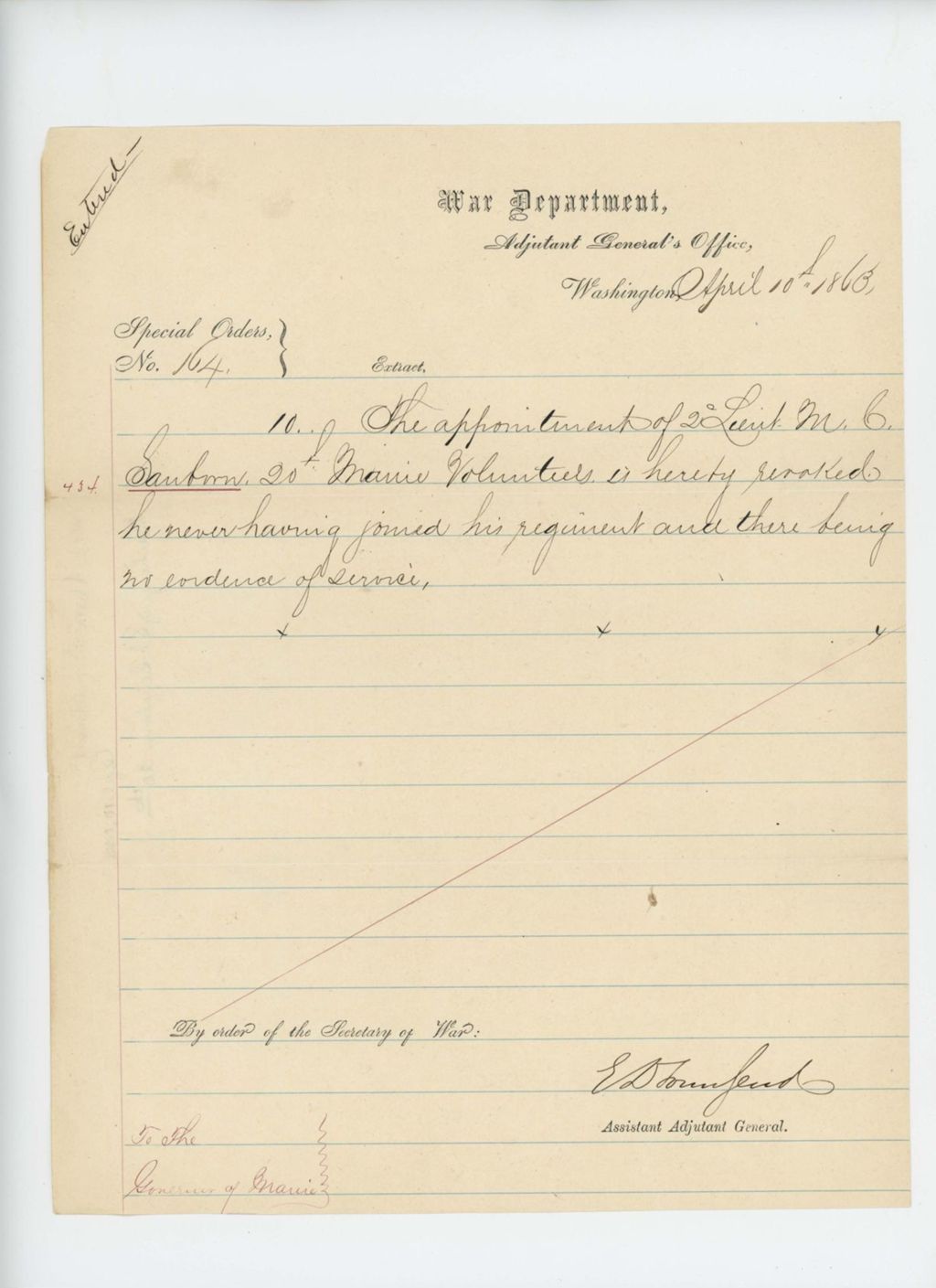 Miniature of Special Order 164 revoking the appointment of 2nd Lieutenant M.Sanborn