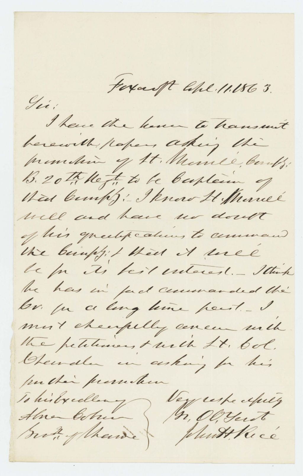 Miniature of John H. Rice recommends the promotion of Lieutenant Merrill of Company B