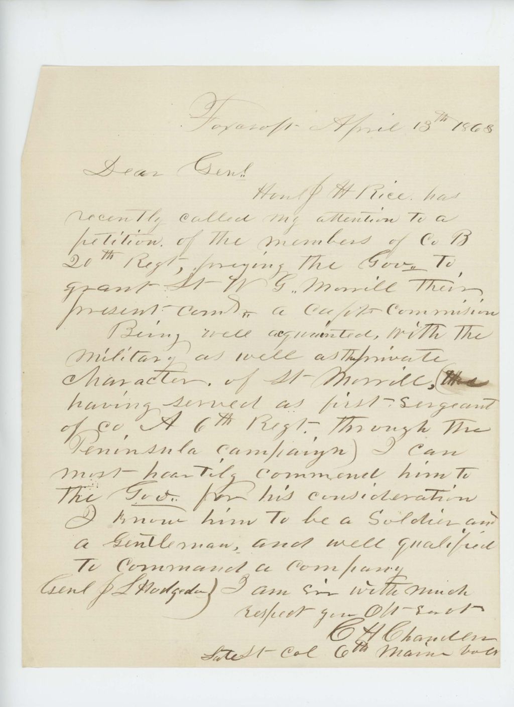 Miniature of Lieutenant Colonel C.H. Chandler of the 6th Maine Regiment recommends W.H. Merrill for promotion