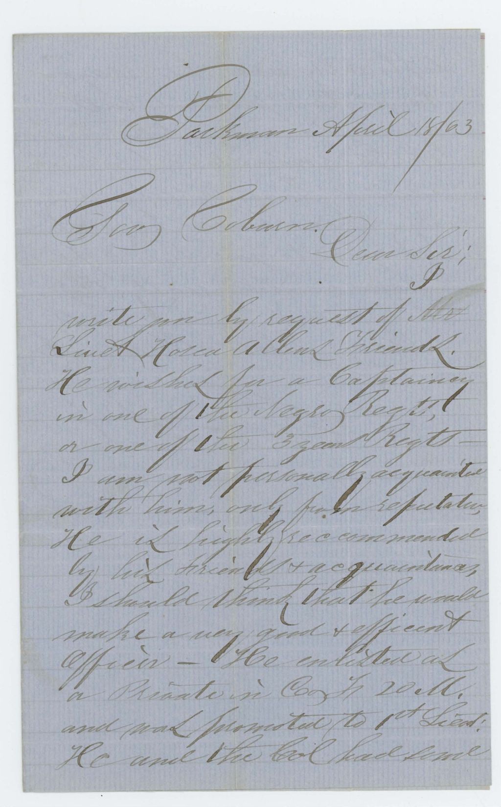 Miniature of Mr. Seabury recommends Hosea Allen for a commission in the USCT