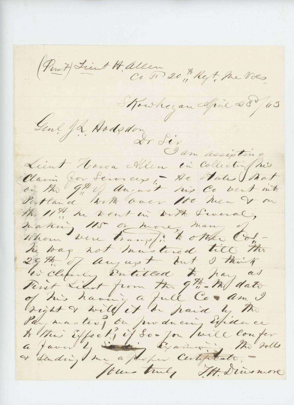 Miniature of F.H. Dinsmore writes Adjutant Hodsdon on behalf of Hosea Allen