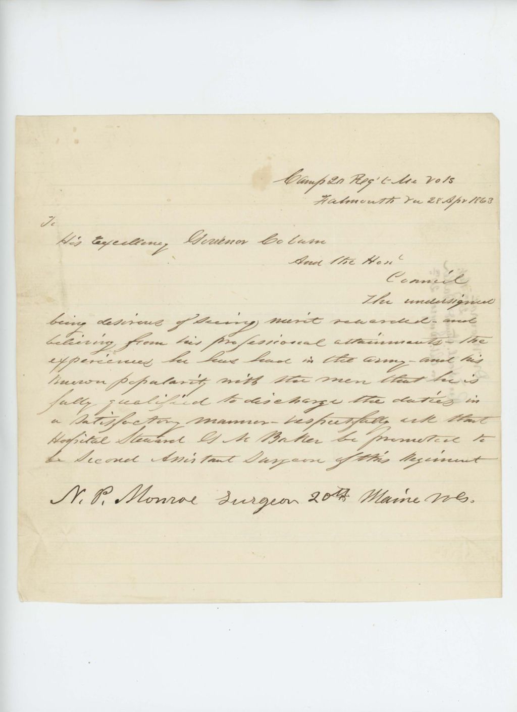 Miniature of N.P. Monroe requests promotion of Hospital Steward G. Baker to Assistant Surgeon