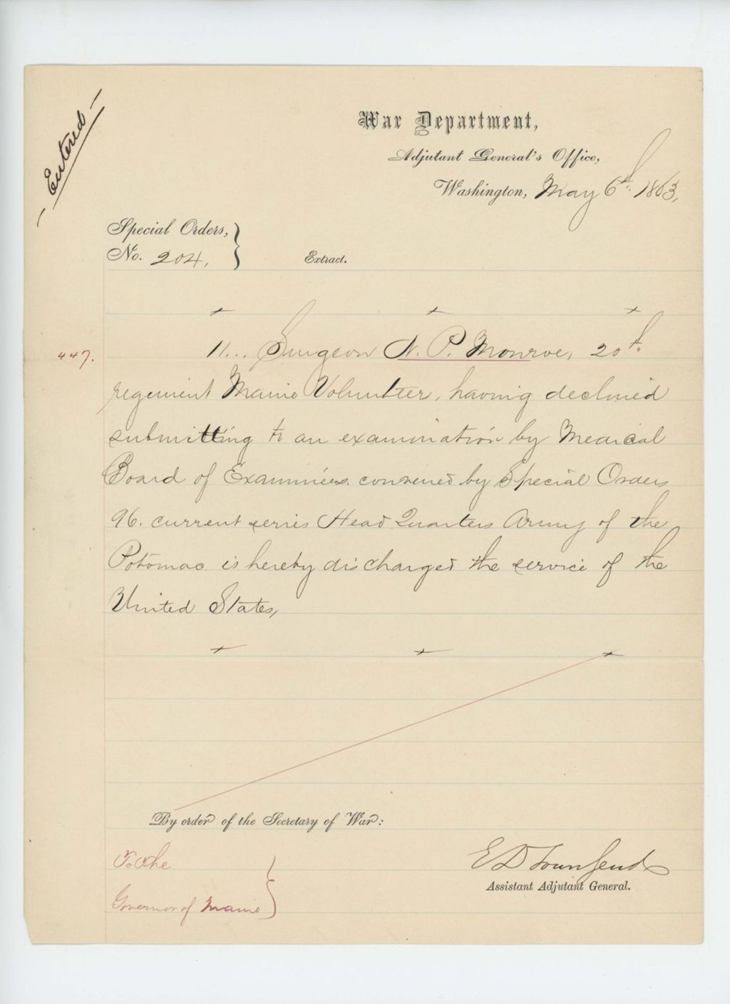 Miniature of Special Order 204 regarding discharge of Surgeon N. P. Monroe