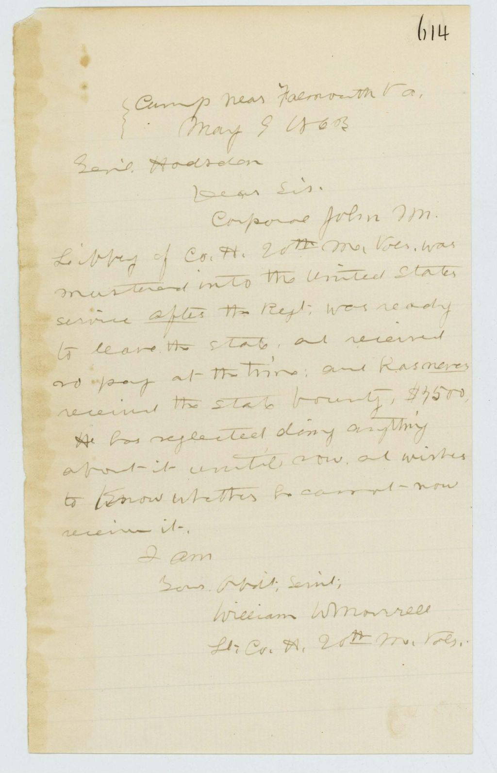 Miniature of Lieutenant William Morrell, Company H, writes on behalf of Corporal John M. Libby