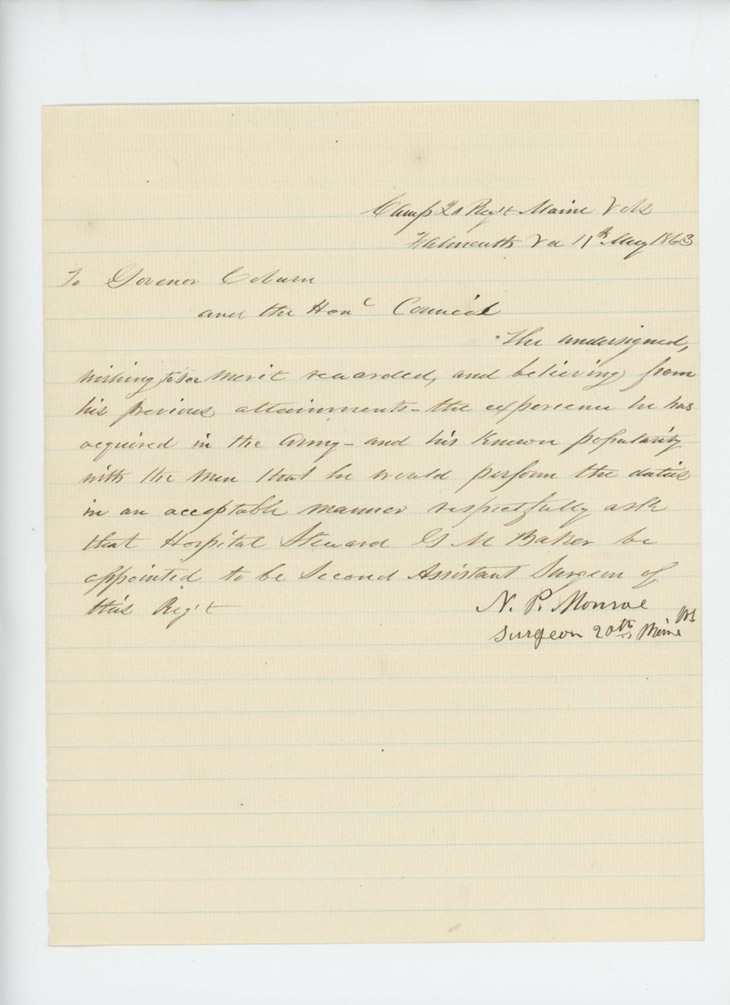 Miniature of Dr. Nahum P. Monroe requests that hospital steward George M. Baker be appointed 2nd assistant surgeon