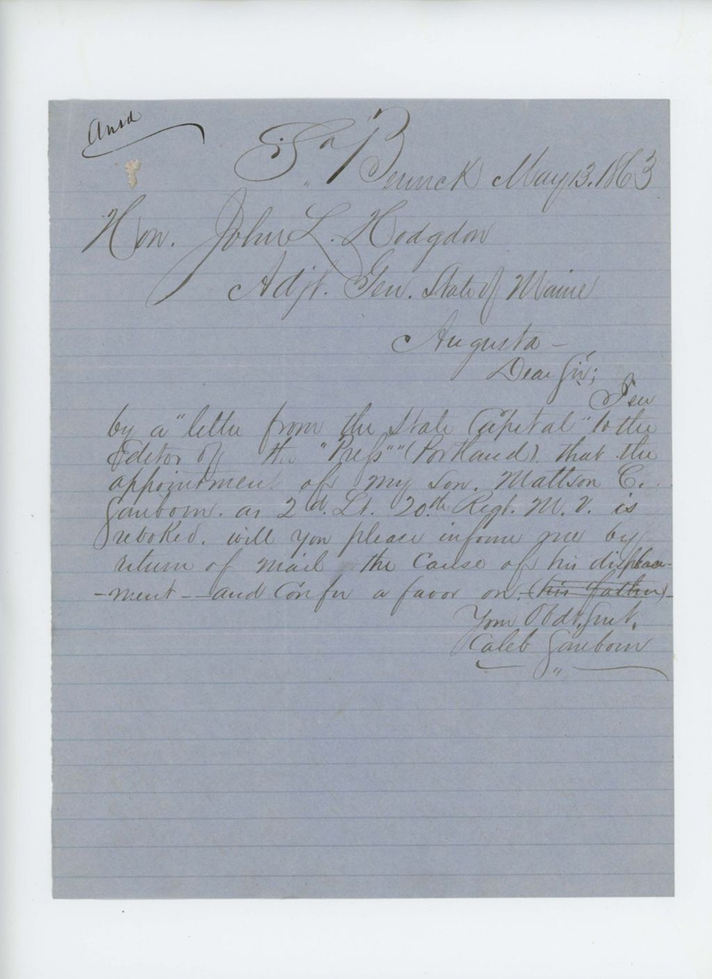 Miniature of Caleb Sanborn inquires why his son Mattson C. Sanborn's commission was revoked